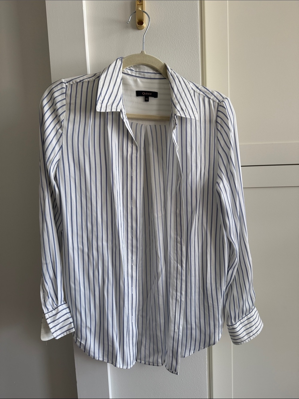 Quince Silk White Shirt with Blue Pinstripes